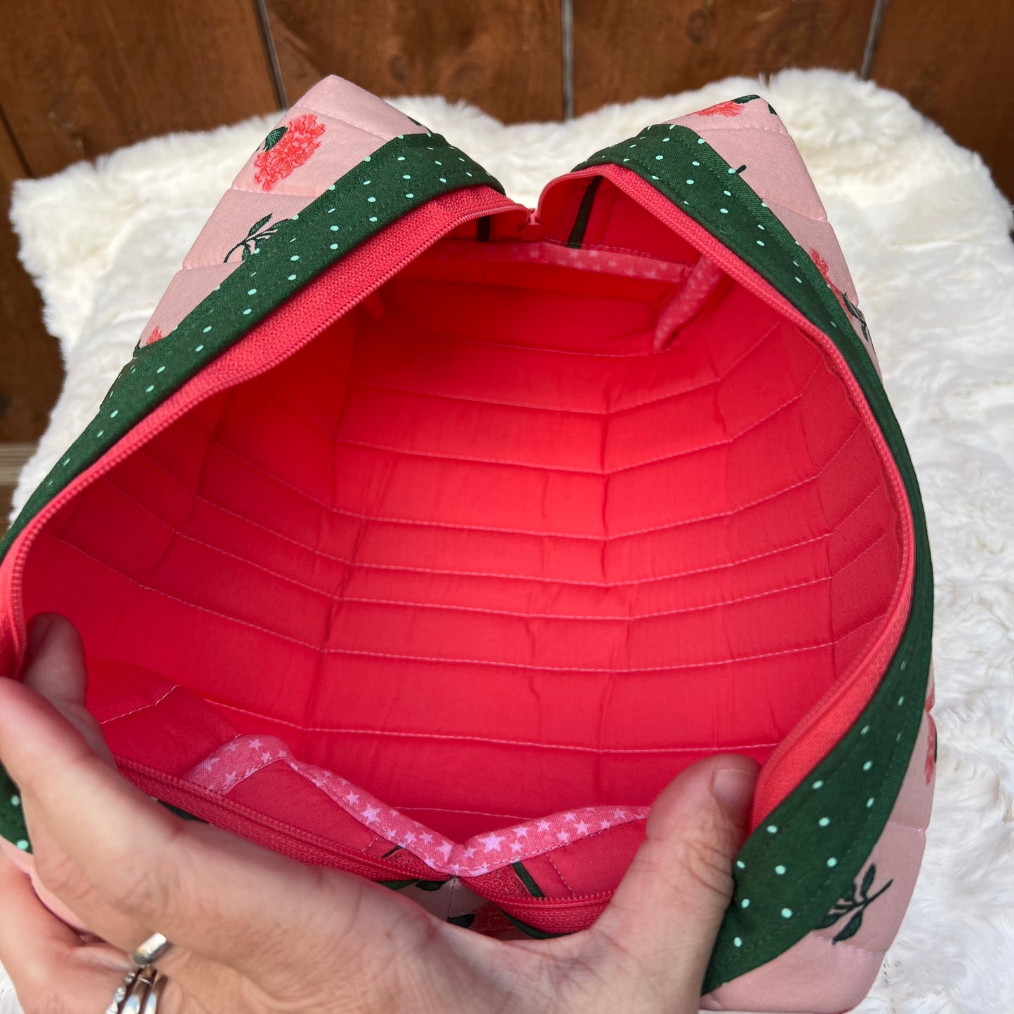 Coral Floral Rifle Paper Green Stripe Large Boxy Zippered Quilted Pouch