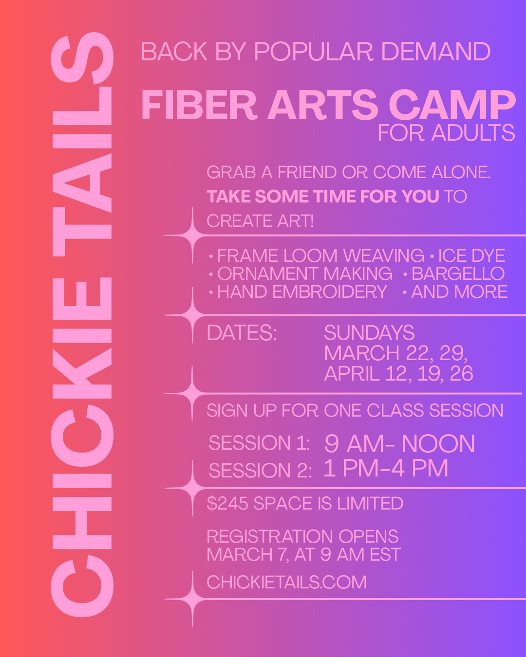 Spring Adult Fiber Arts Camp 9 AM- Noon