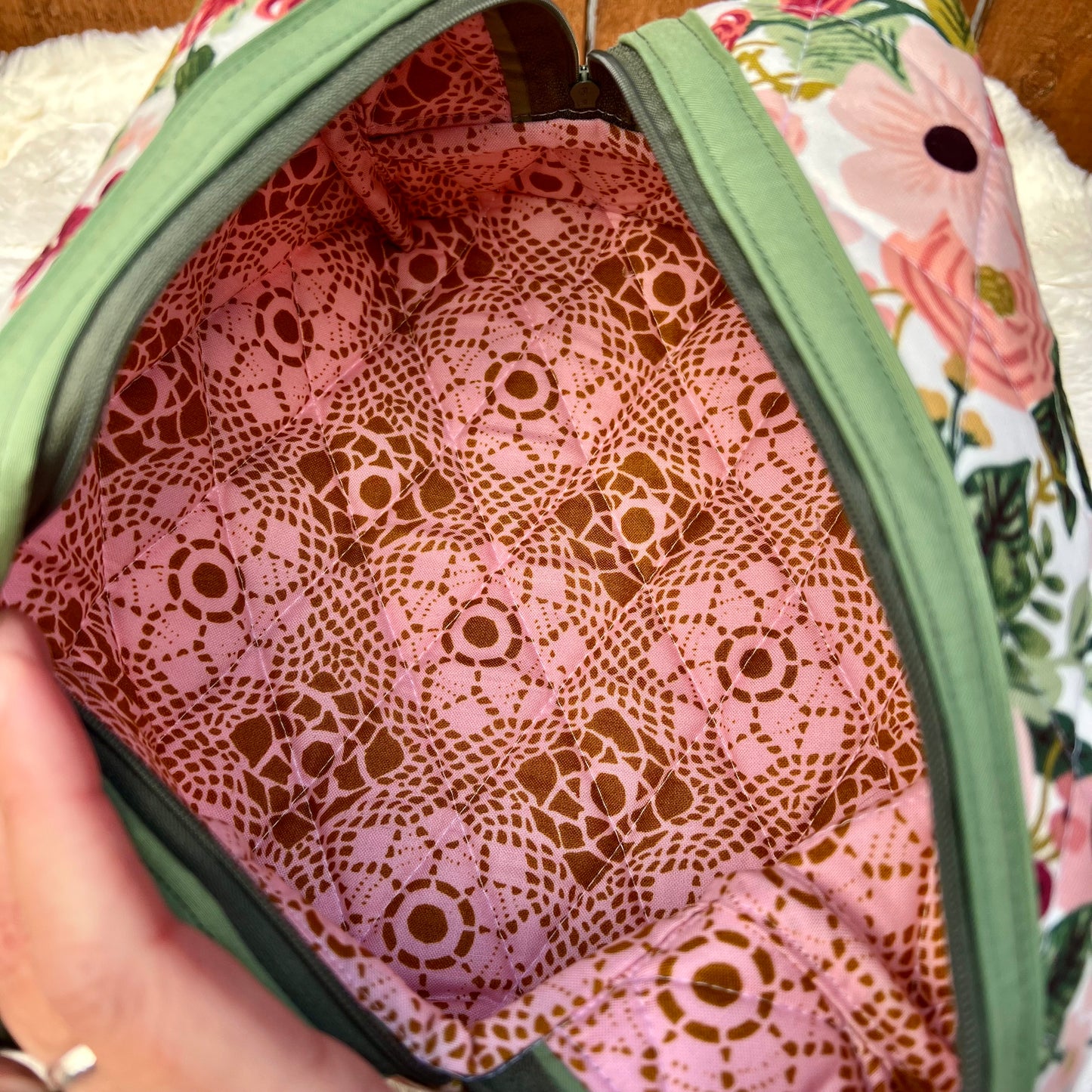 Pink & Green Floral Rifle Paper Large Boxy Zippered  Quilted Pouch