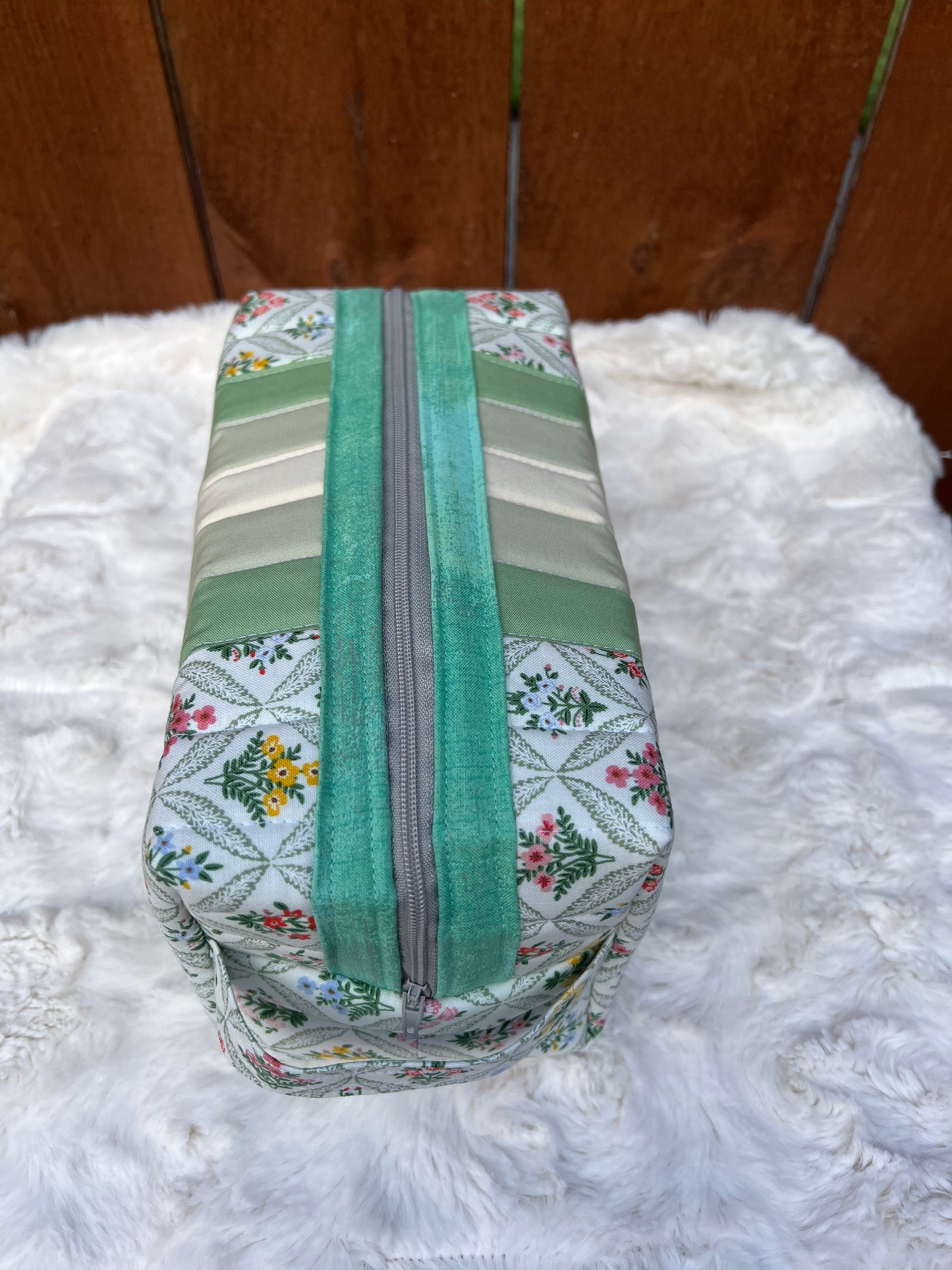 Floral Rifle Paper Green Stripe Large Boxy Zippered  Quilted Pouch