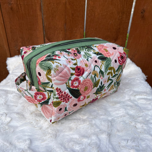 Pink & Green Floral Rifle Paper Large Boxy Zippered  Quilted Pouch