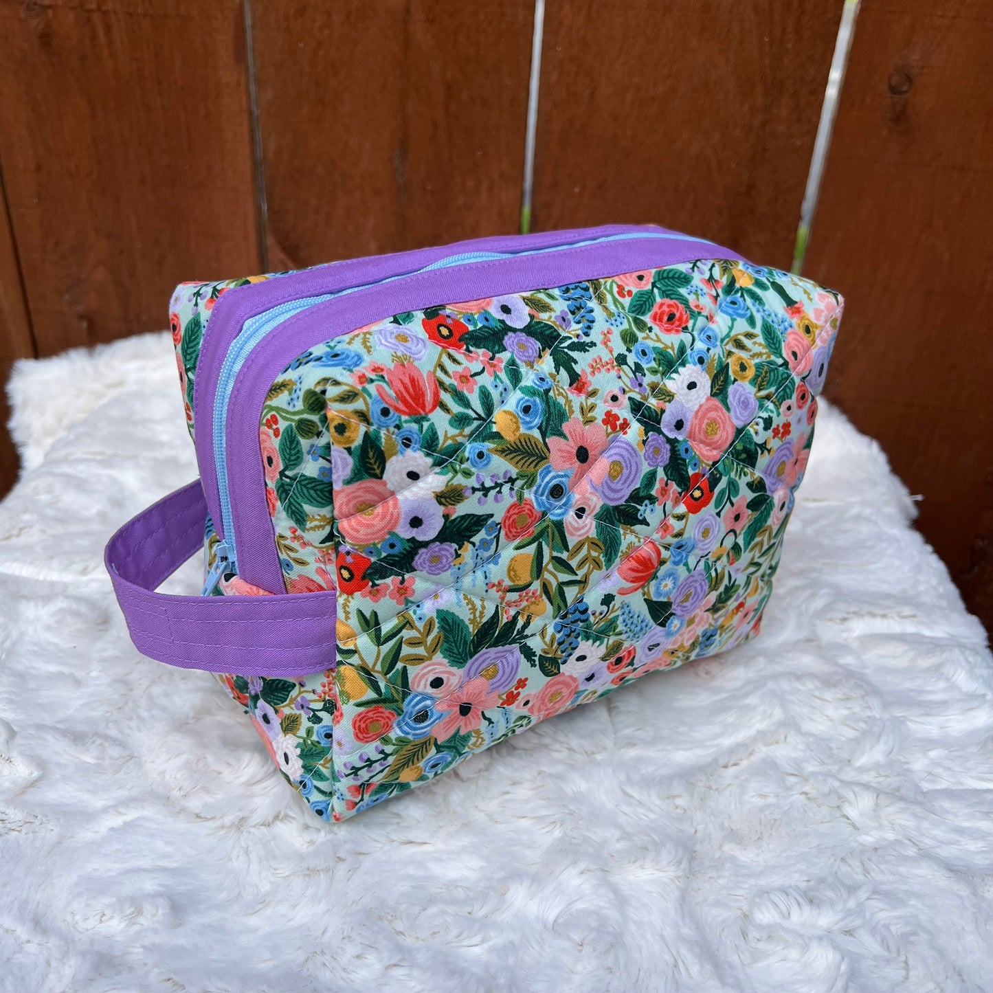 Green Floral Rifle Paper Large Boxy Zippered  Quilted Pouch