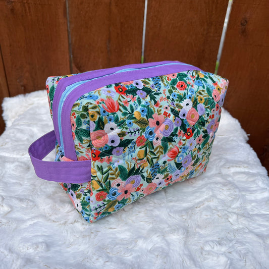 Green Floral Rifle Paper Large Boxy Zippered  Quilted Pouch