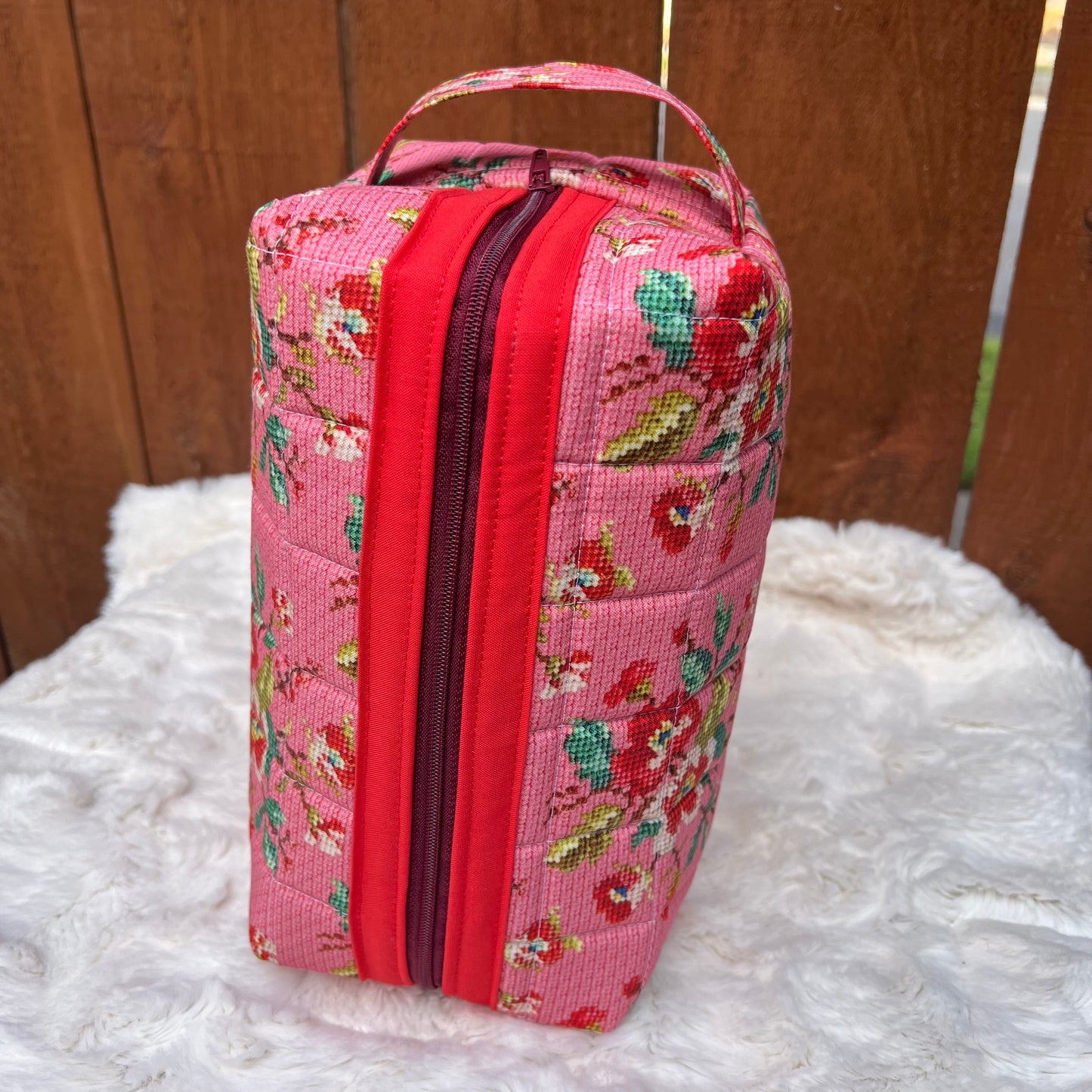 Pink Floral Needlepoint Inspired Large Boxy Zippered  Quilted Pouch