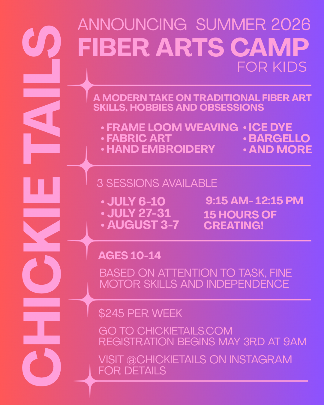 Fiber Arts Camp July 6-10, 2026
