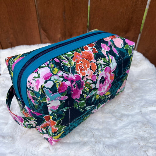 Floral Watercolor Large Boxy Zippered  Quilted Pouch