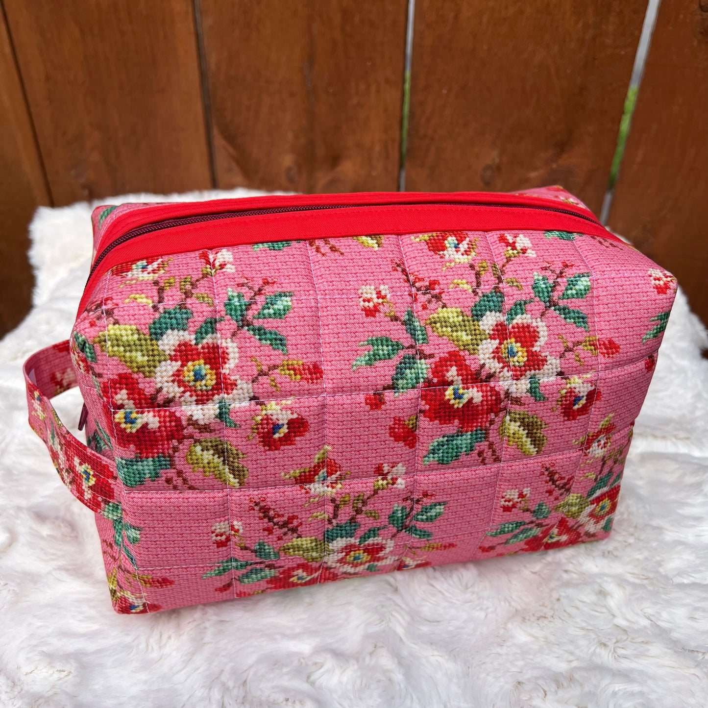 Pink Floral Needlepoint Inspired Large Boxy Zippered  Quilted Pouch