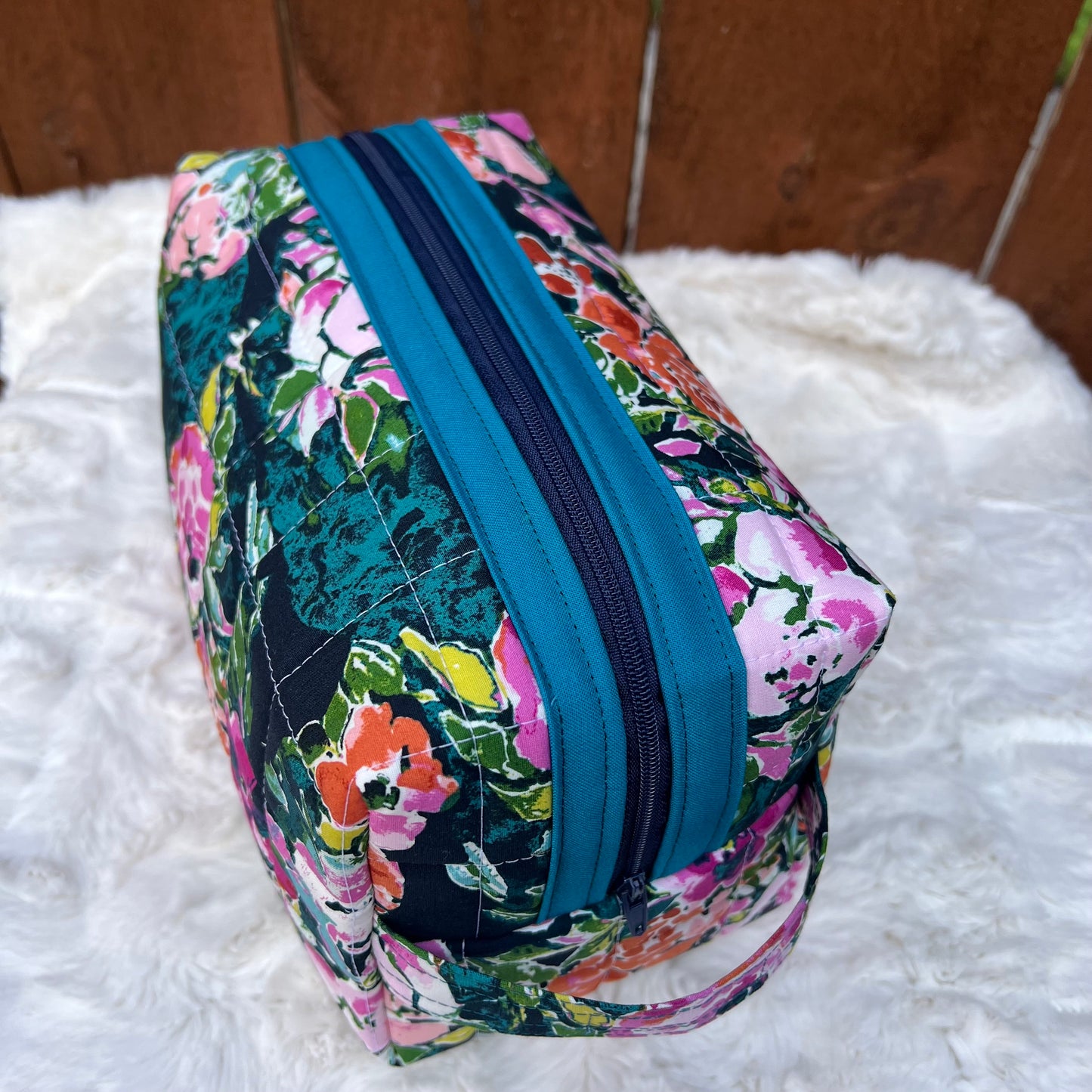 Floral Watercolor Large Boxy Zippered  Quilted Pouch