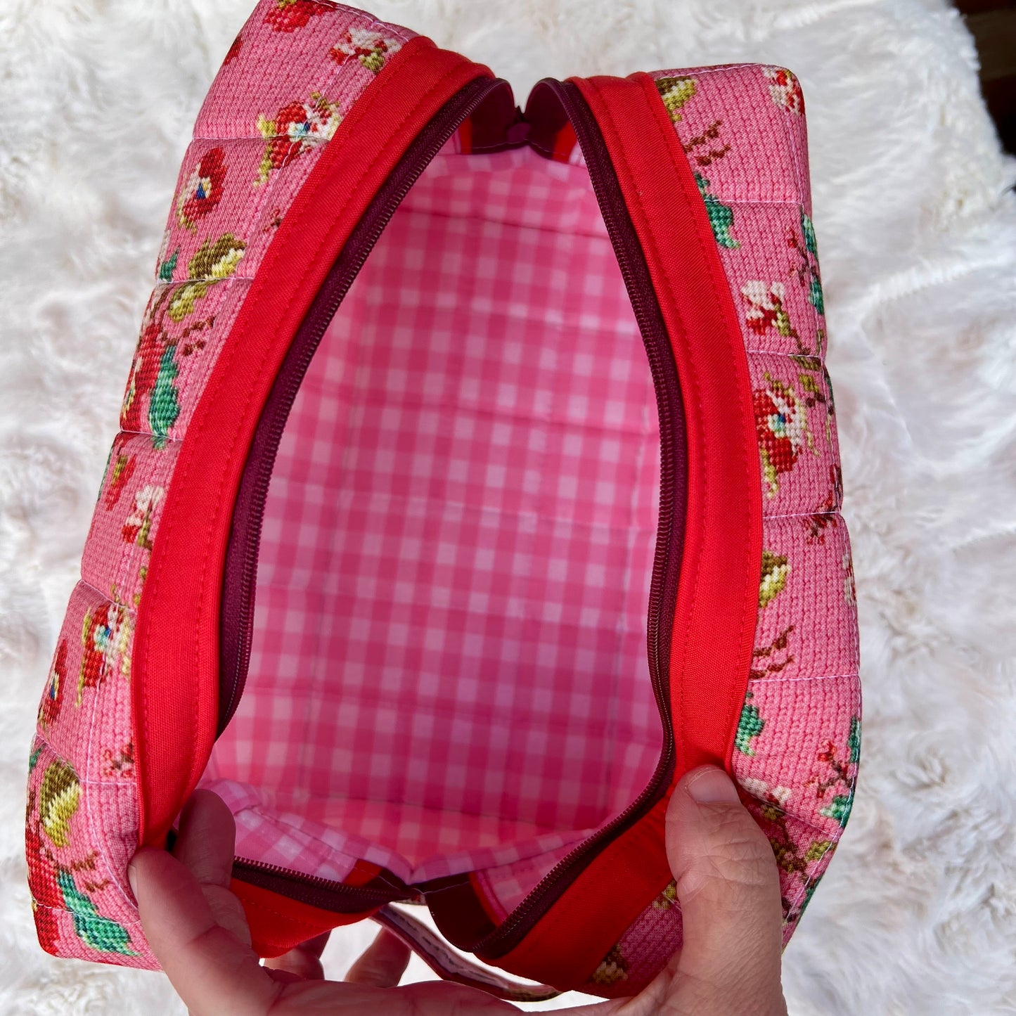 Pink Floral Needlepoint Inspired Large Boxy Zippered  Quilted Pouch