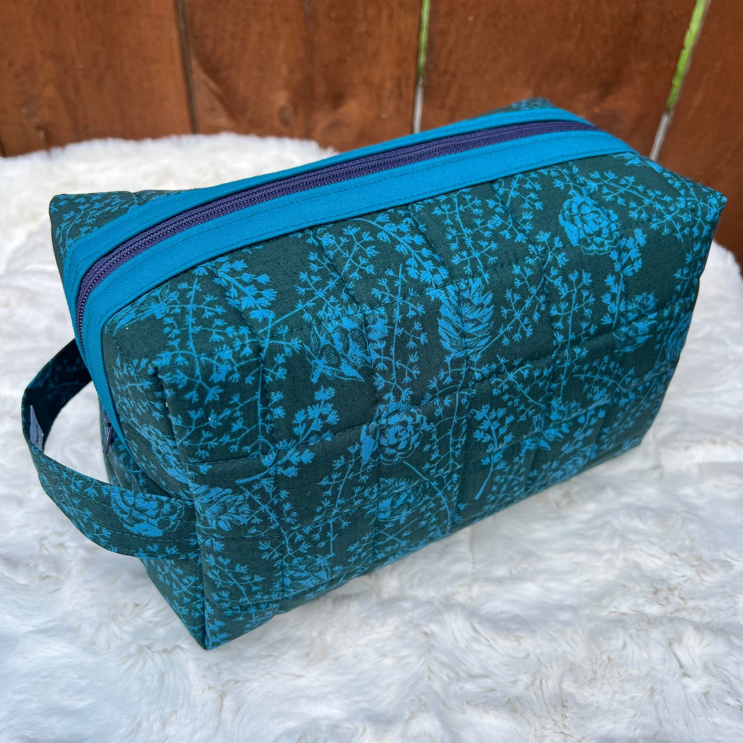 Hunter Green and Teal Large Boxy Zippered  Quilted Pouch