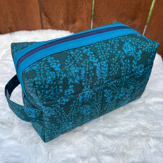 Hunter Green and Teal Large Boxy Zippered  Quilted Pouch
