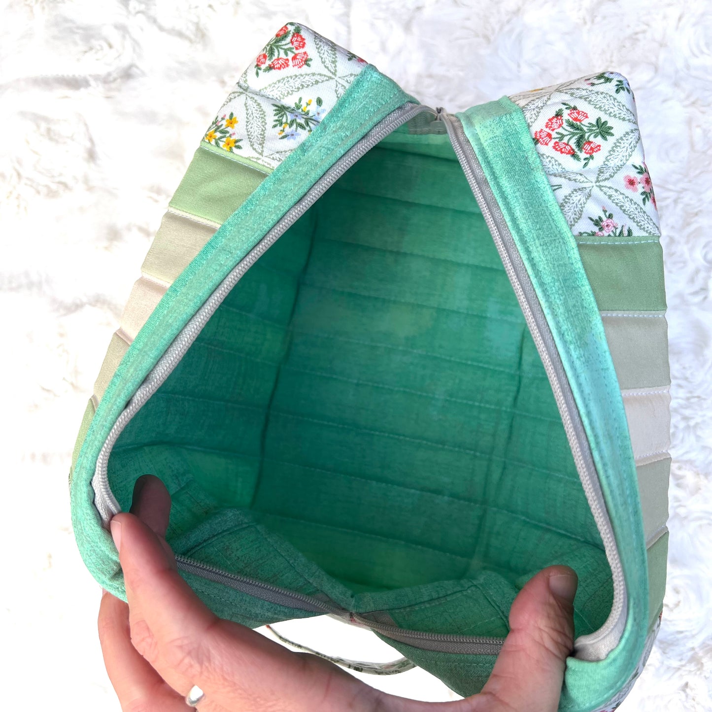 Floral Rifle Paper Green Stripe Large Boxy Zippered  Quilted Pouch