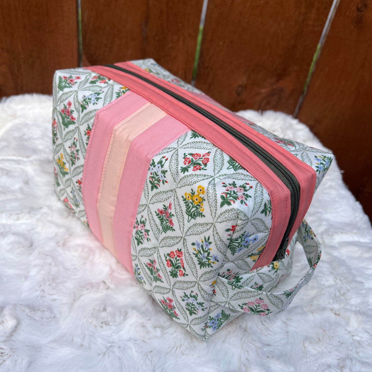 Floral Rifle Paper Coral Stripe Large Boxy Zippered  Quilted Pouch