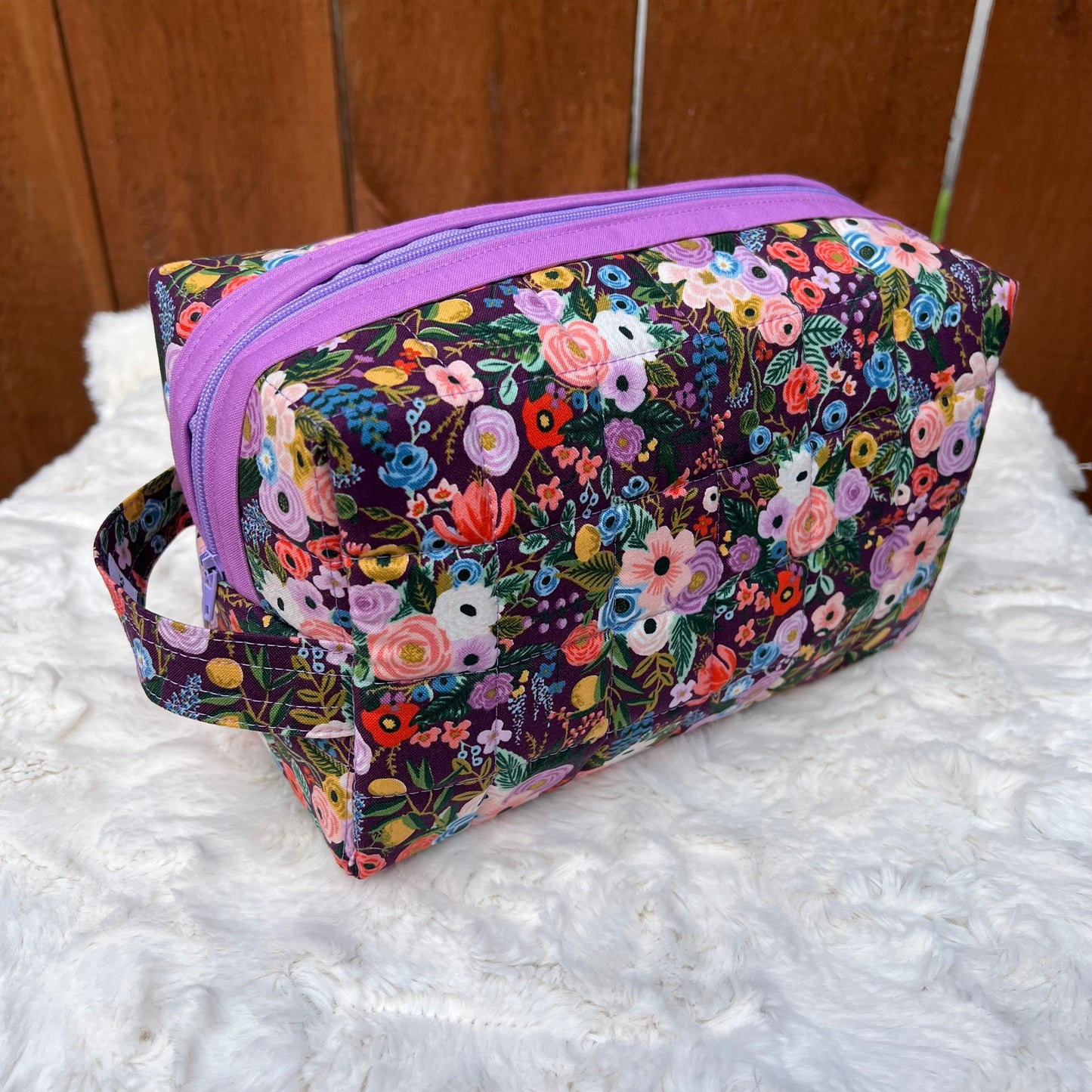 Purple Rifle Paper Large Boxy Zippered  Quilted Pouch