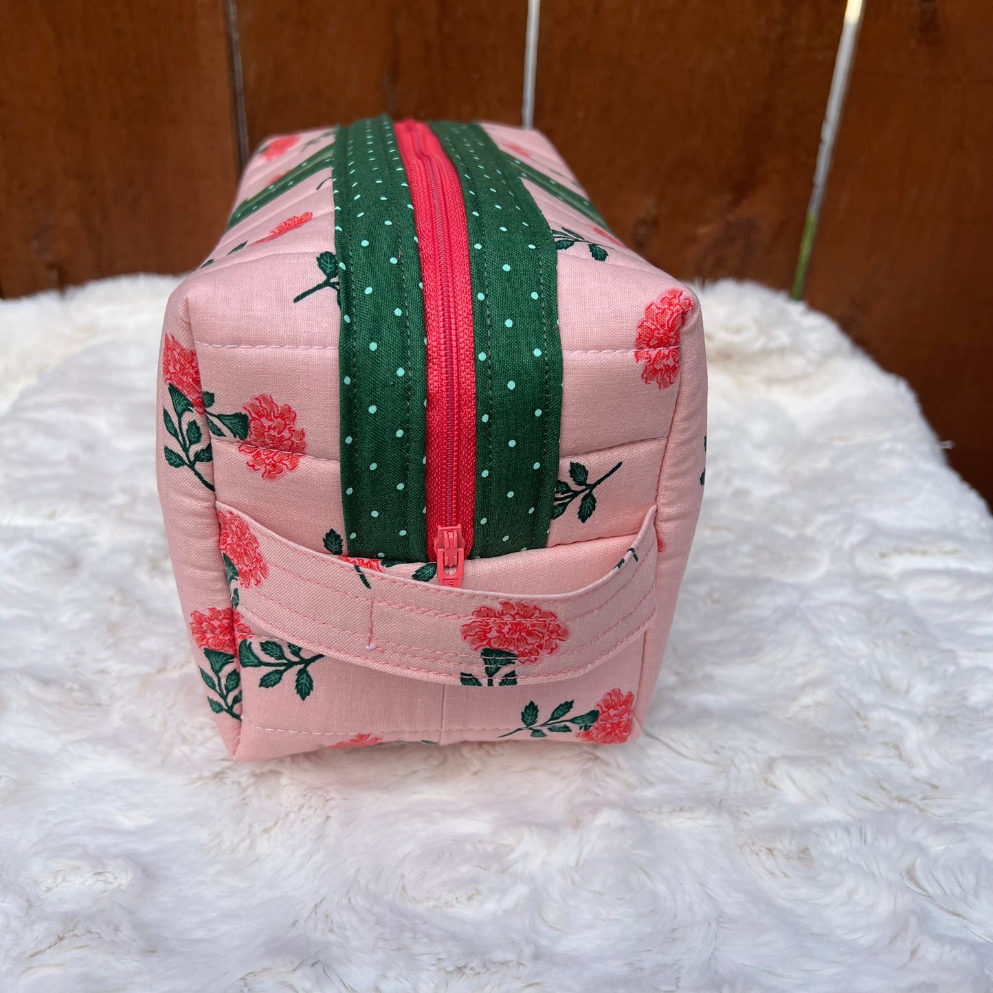 Coral Floral Rifle Paper Green Stripe Large Boxy Zippered  Quilted Pouch