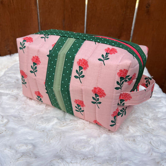 Coral Floral Rifle Paper Green Stripe Large Boxy Zippered  Quilted Pouch