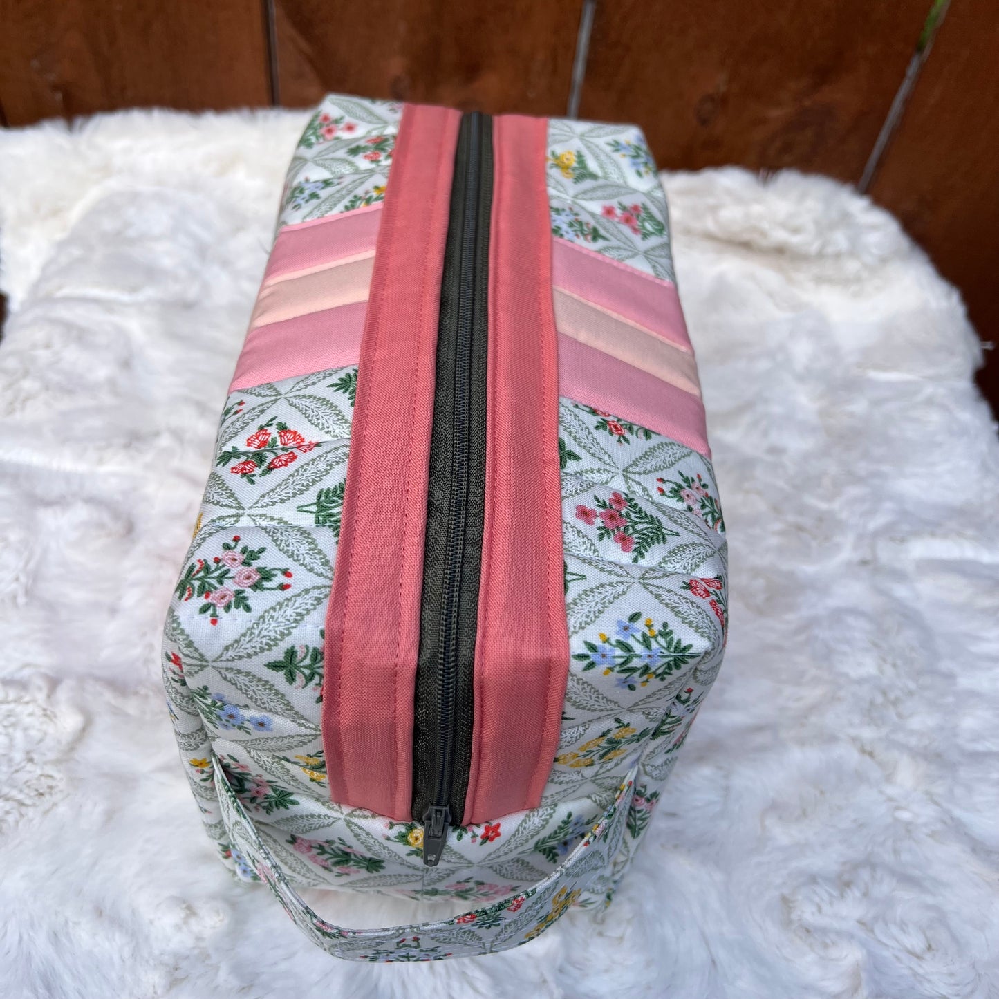 Floral Rifle Paper Coral Stripe Large Boxy Zippered  Quilted Pouch