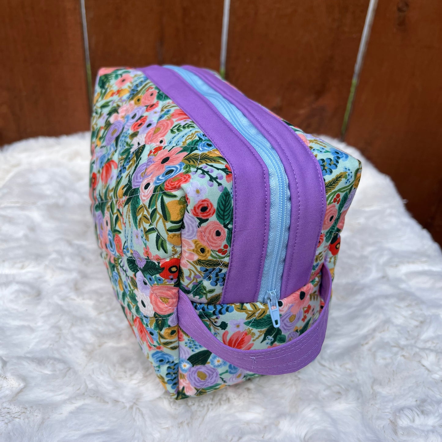 Green Floral Rifle Paper Large Boxy Zippered  Quilted Pouch