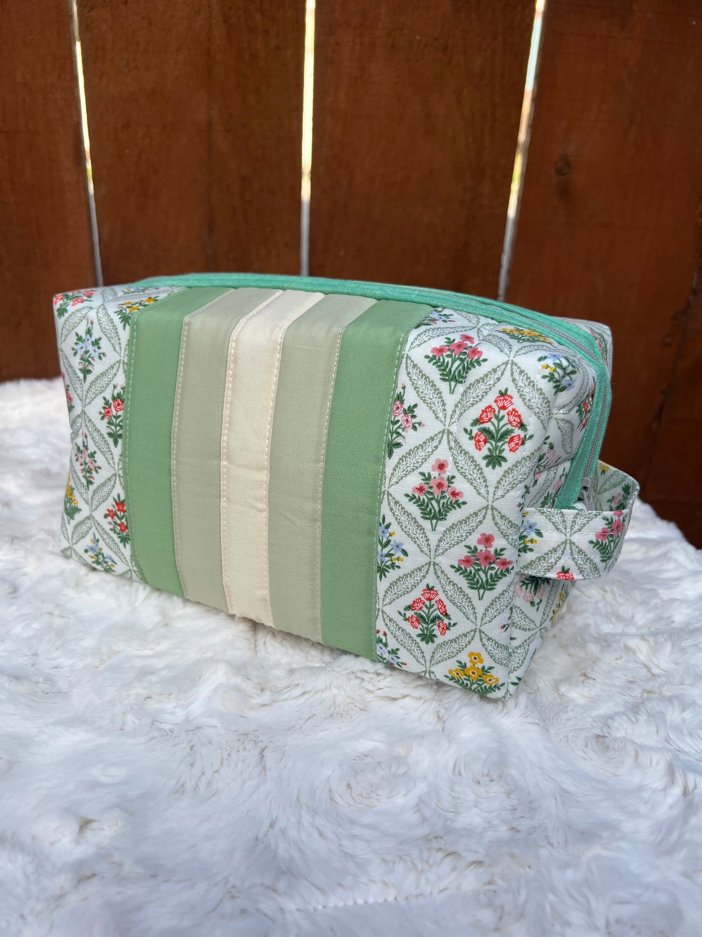Floral Rifle Paper Green Stripe Large Boxy Zippered  Quilted Pouch