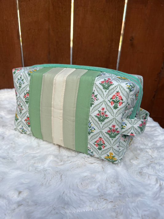 Floral Rifle Paper Green Stripe Large Boxy Zippered  Quilted Pouch