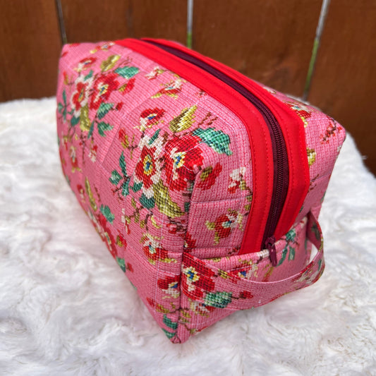 Pink Floral Needlepoint Inspired Large Boxy Zippered  Quilted Pouch