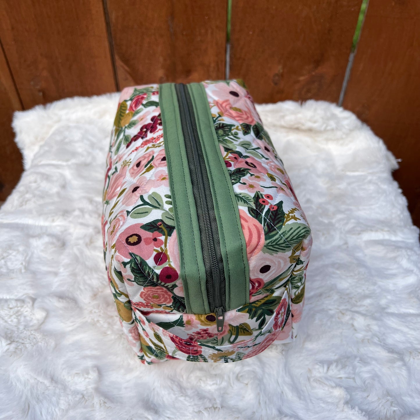 Pink & Green Floral Rifle Paper Large Boxy Zippered  Quilted Pouch