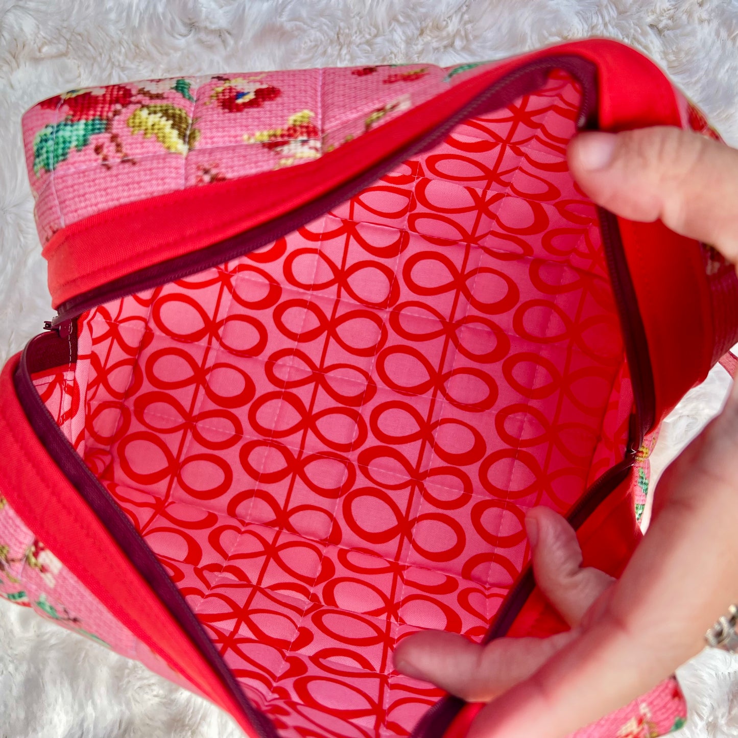 Pink Floral Needlepoint Inspired Large Boxy Zippered  Quilted Pouch