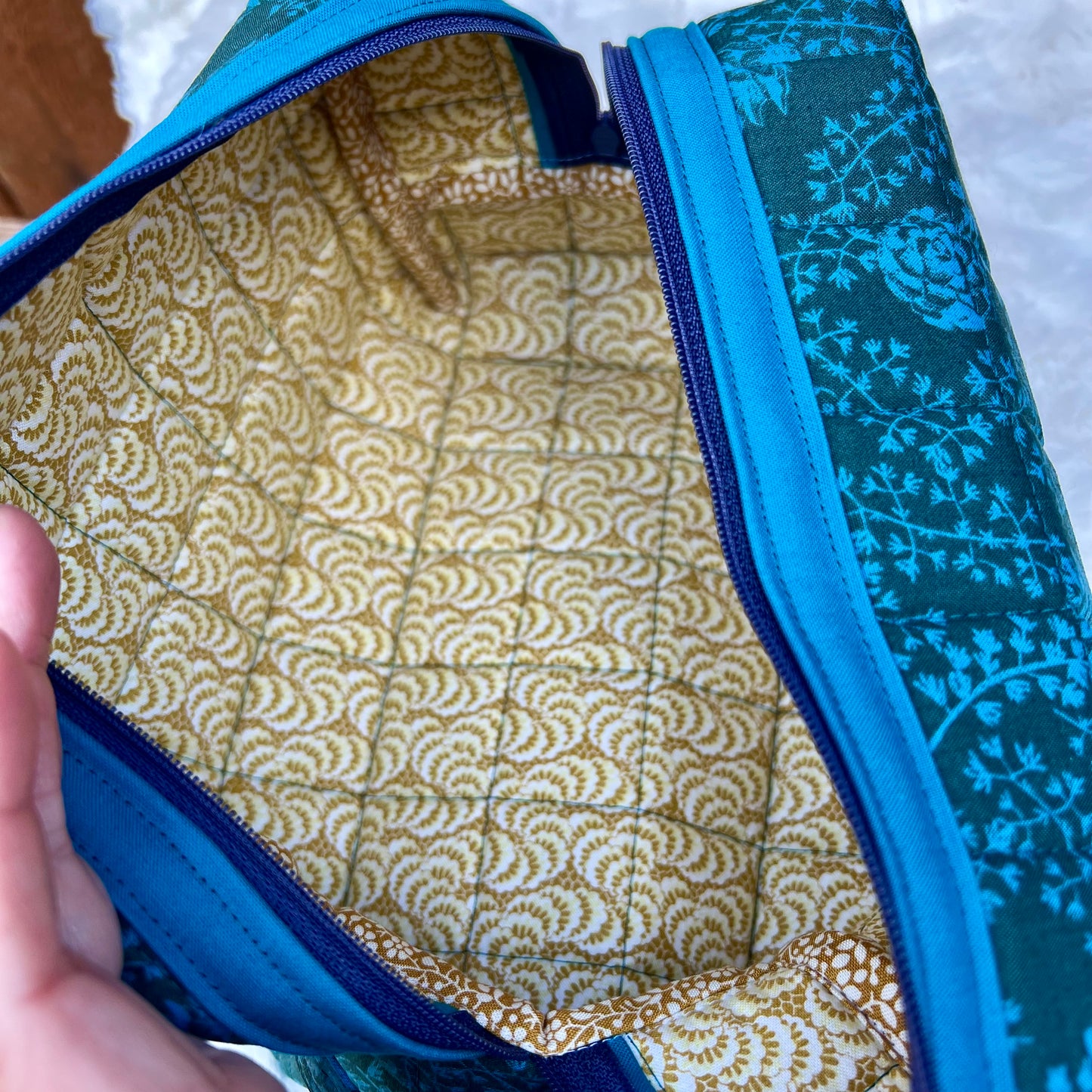 Hunter Green and Teal Large Boxy Zippered  Quilted Pouch