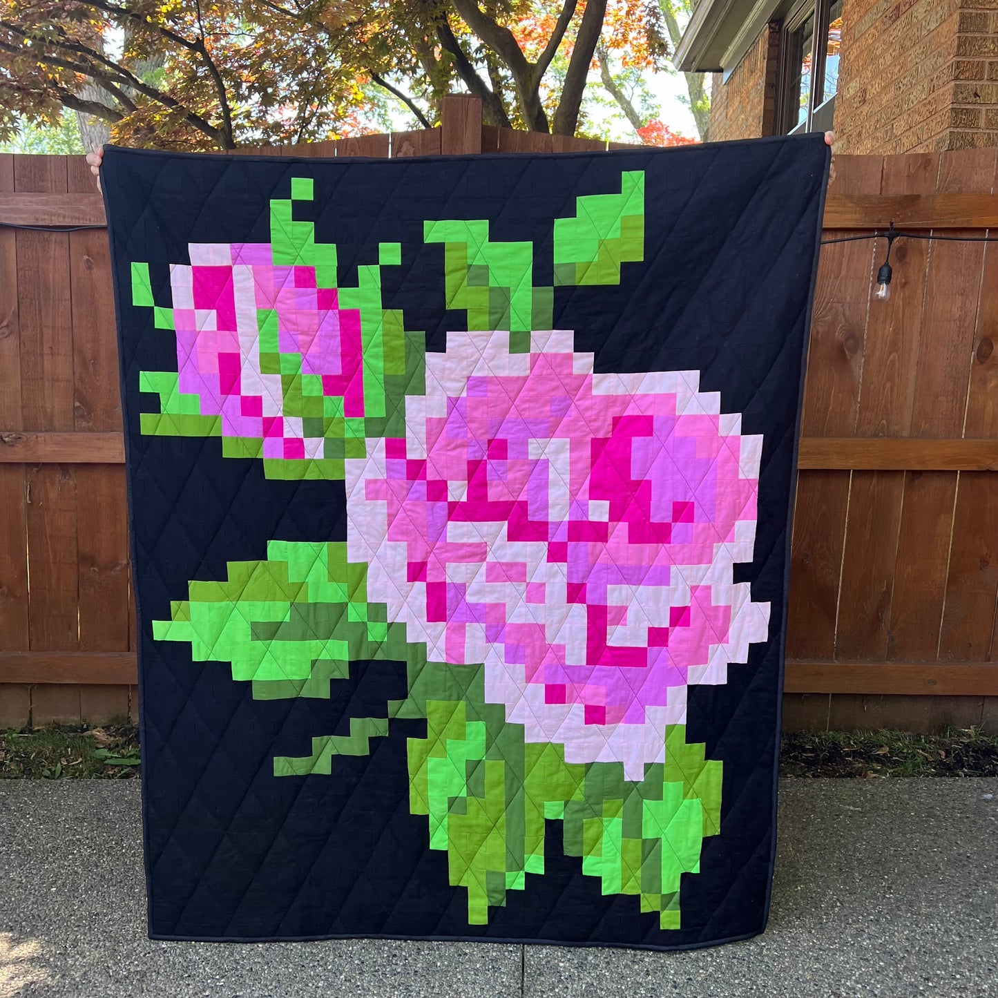 Modern Pixilated Rose Throw Quilt